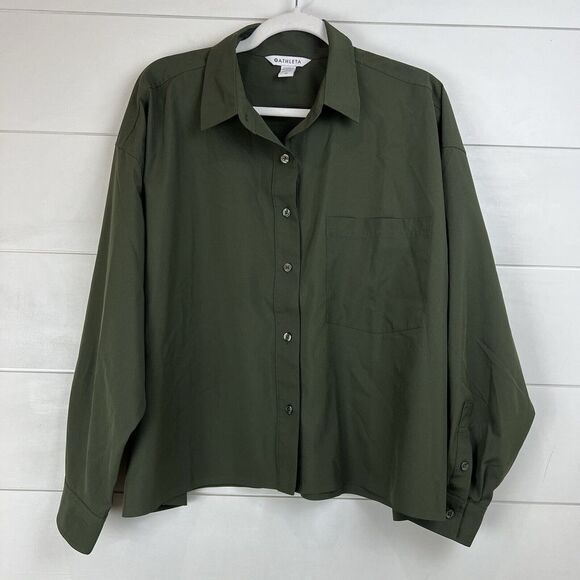 ATHLETA Cropped Stretch Tech Top‎ Long Sleeve Button Up Women 1X Olive - Picture 3 of 16